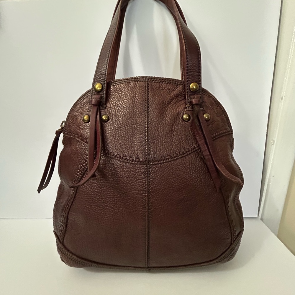Lucky Brand -  Large Leather Bowler Shoulder Bag with Tassels in Burgundy/Brown - Picture 2 of 16